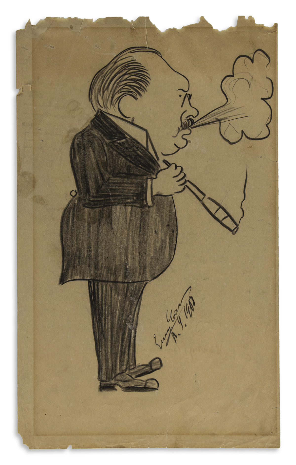 CARUSO, ENRICO. Graphite drawing, dated and Signed, full-length caricature, showing a man [Dutch baritone Anton van Rooy] in profile gr